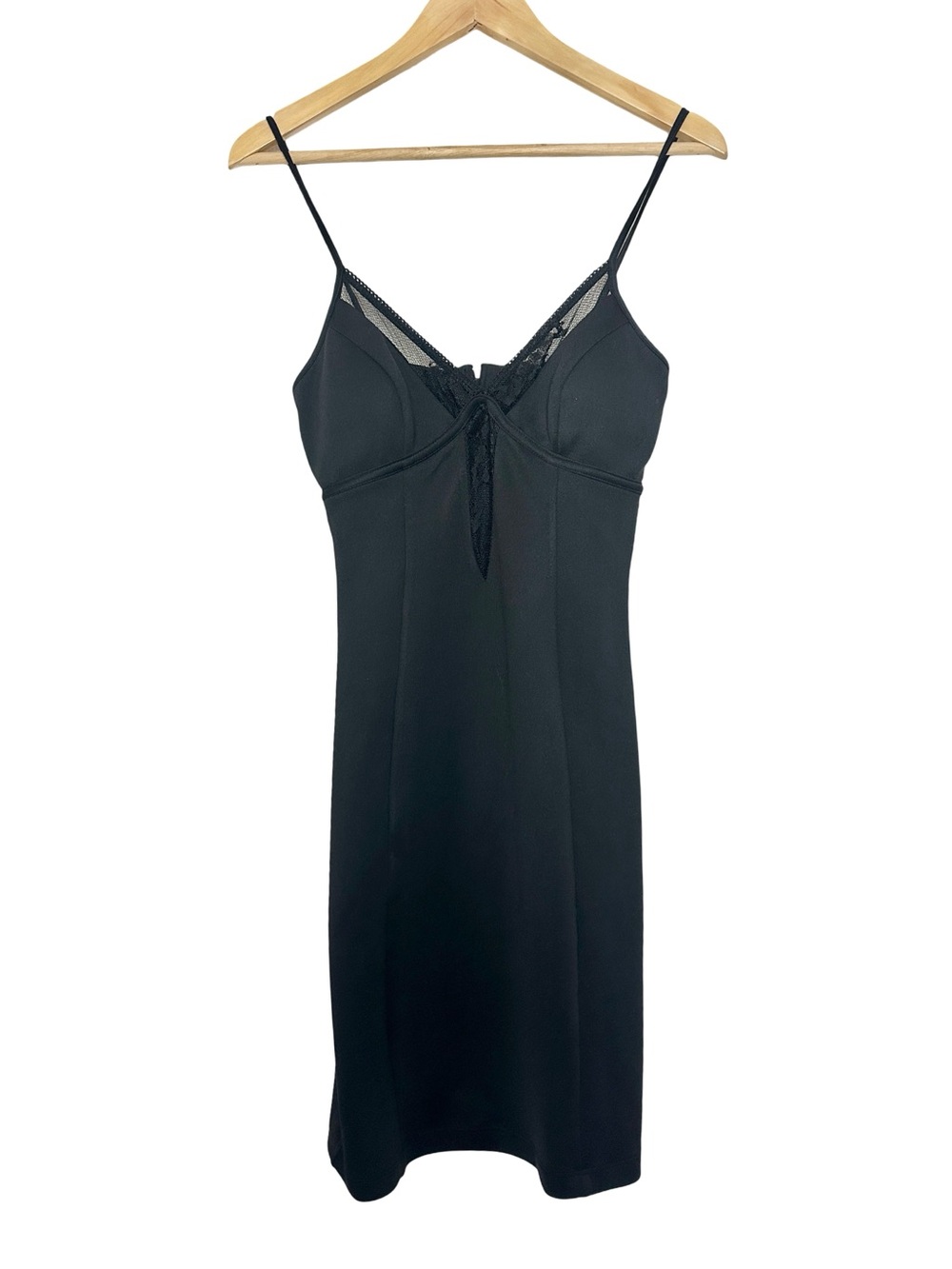 Vintage Y2K Mystic Black Midi Bodycon Dress Lace Keyhole Goth V-Neck Medium